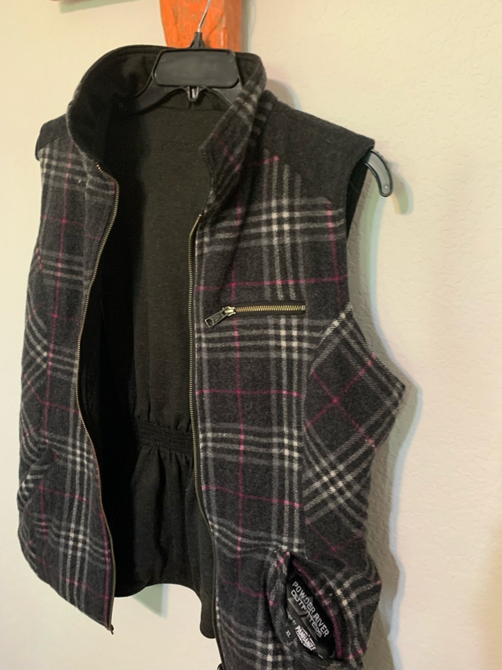Plaid Wool-Blend Vest with Pink Accent - Women's Zip Front